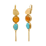 Boucles d'oreilles longues dormeuses Noto cabochons et pompon doré - bleu Turquoise