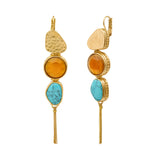 Boucles d'oreilles longues dormeuses Noto cabochons et pompon doré - bleu Turquoise