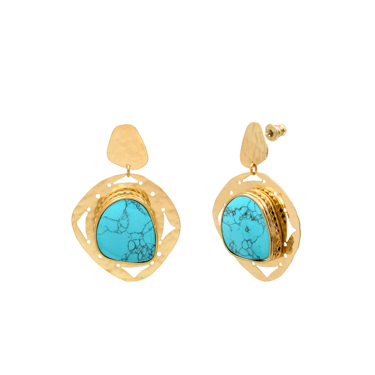 Boucles d'oreilles tiges percées Noto en métal ciselé cabochon turquoise - bleu Turquoise