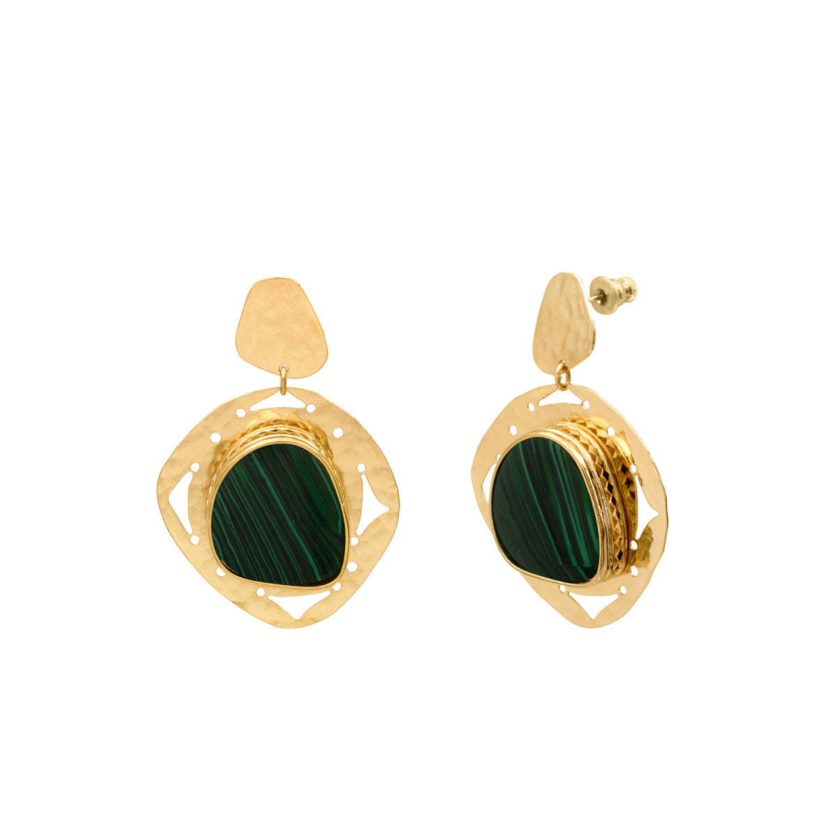 Boucles d'oreilles tiges percées Noto en métal ciselé cabochon malachite - vert Vert