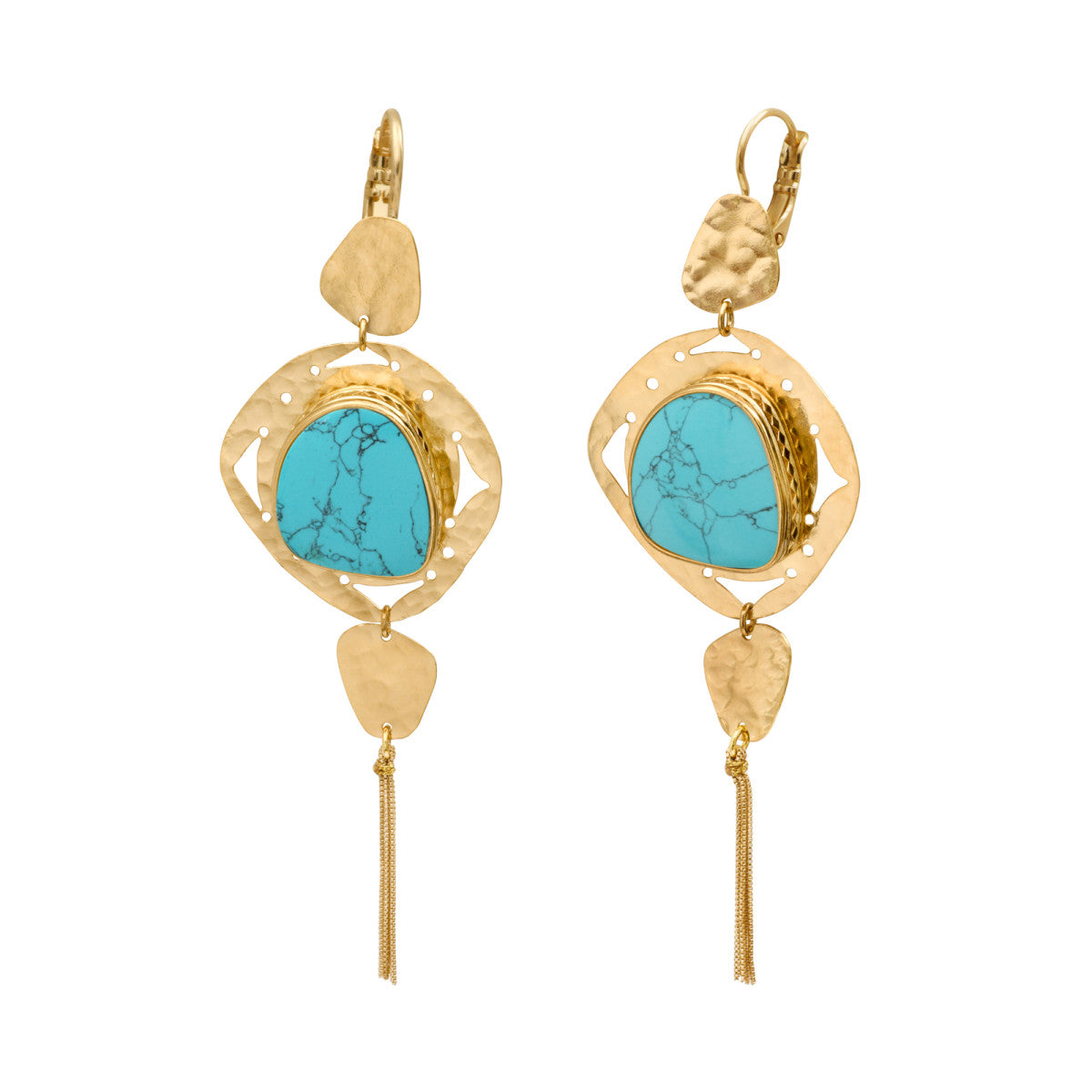 Boucles d'oreilles pendantes dormeuses Noto cabochon turquoise et pompon - bleu Turquoise