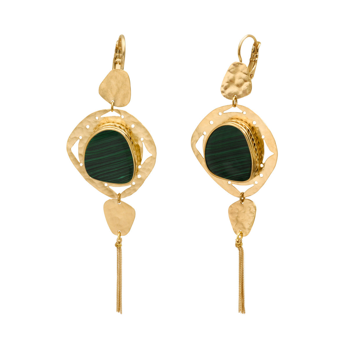 Boucles d'oreilles pendantes dormeuses Noto cabochon malachite et pompon - vert Vert