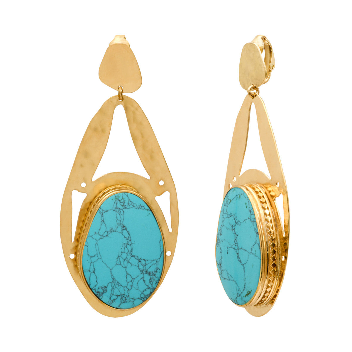 Boucles d'oreilles clips Noto en métal martelé ciselé cabochon turquoise - bleu Turquoise