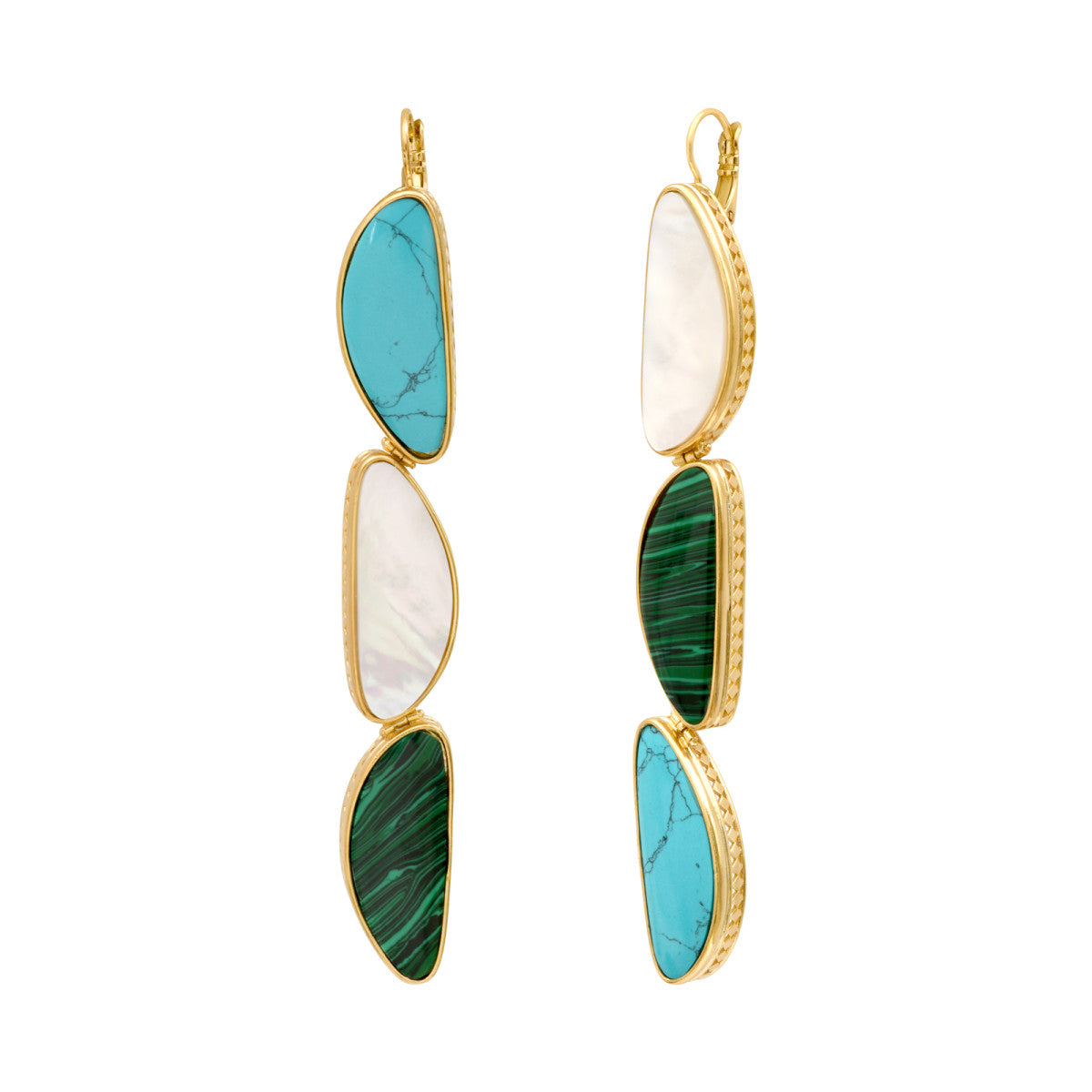 Longues boucles d'oreilles dormeuses en métal doré et cabochons - vert Vert