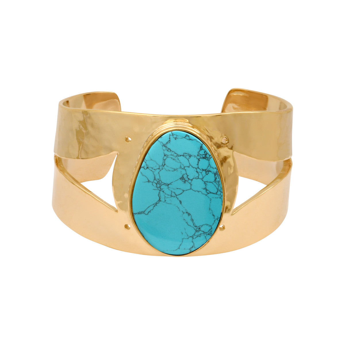 Manchette large ajustable Noto en métal doré ciselé et cabochon turquoise - bleu Turquoise