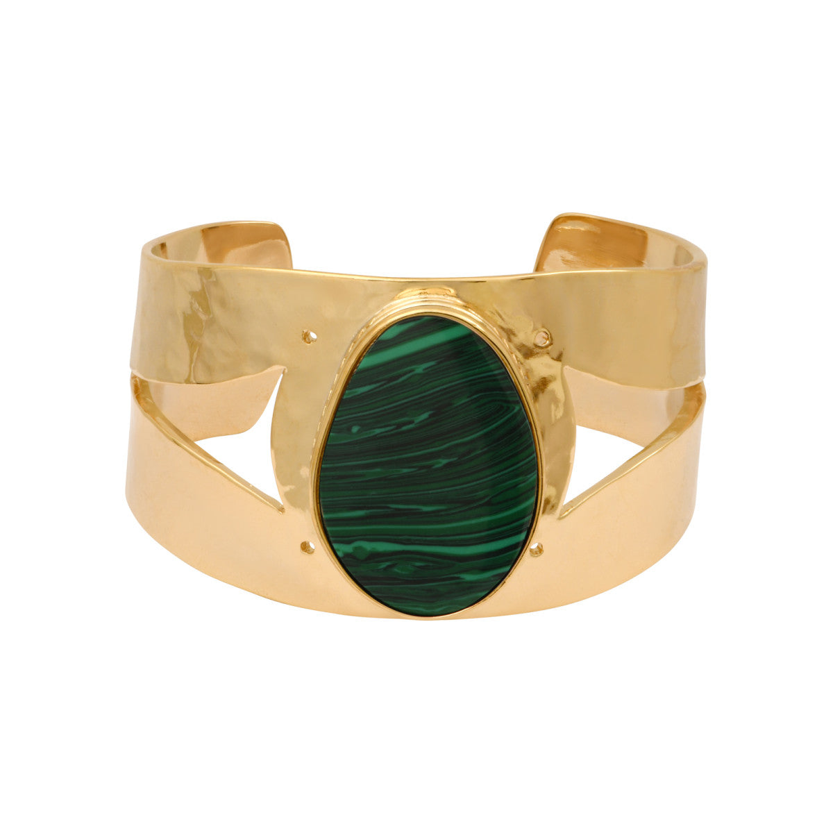 Manchette large ajustable Noto en métal doré ciselé et cabochon malachite - vert Vert