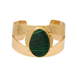 Manchette large ajustable Noto en métal doré ciselé et cabochon malachite - vert Vert