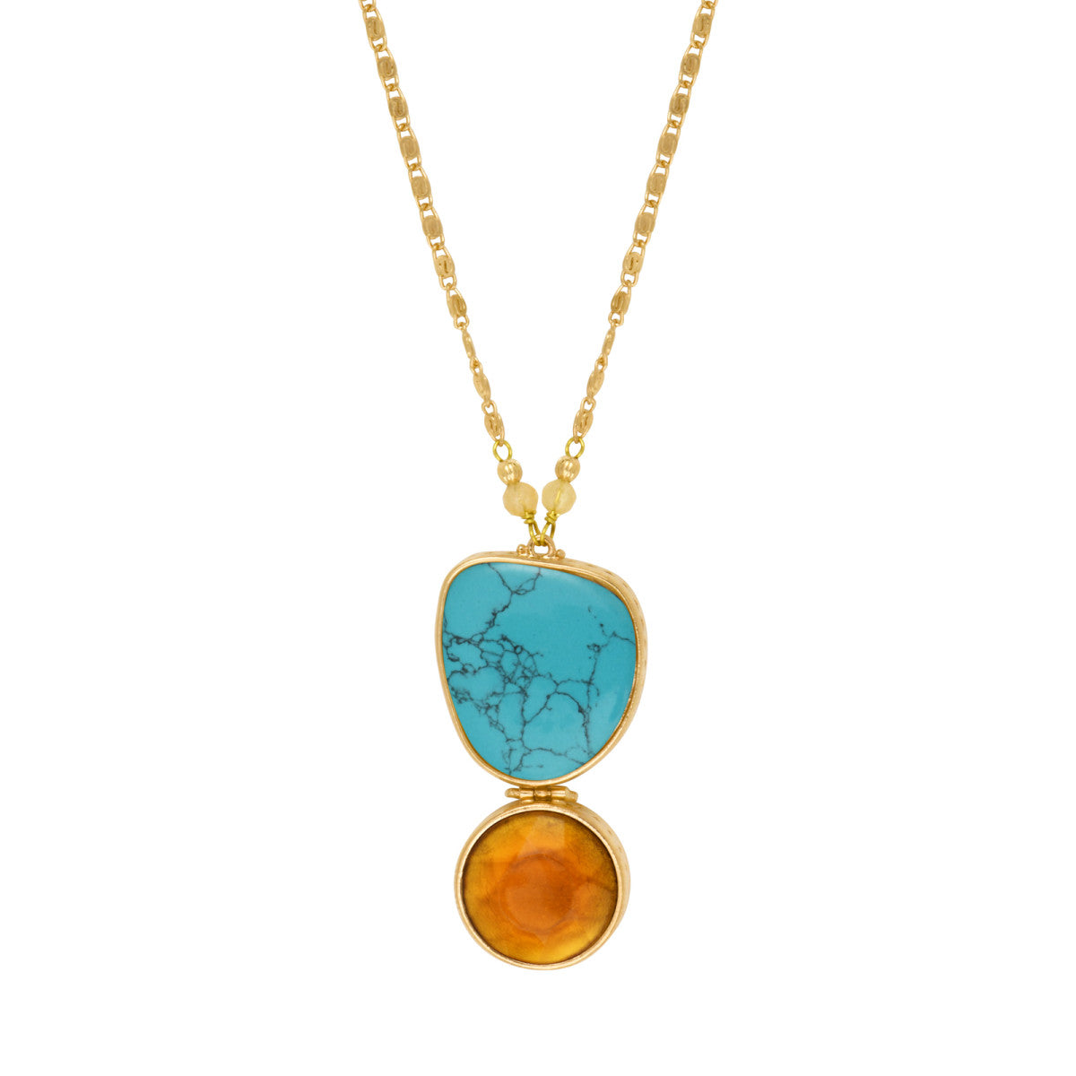 Collier pendentif Noto en métal doré cabochons turquoise et pâte de verre - bleu Turquoise