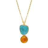 Collier pendentif Noto en métal doré cabochons turquoise et pâte de verre - bleu Turquoise