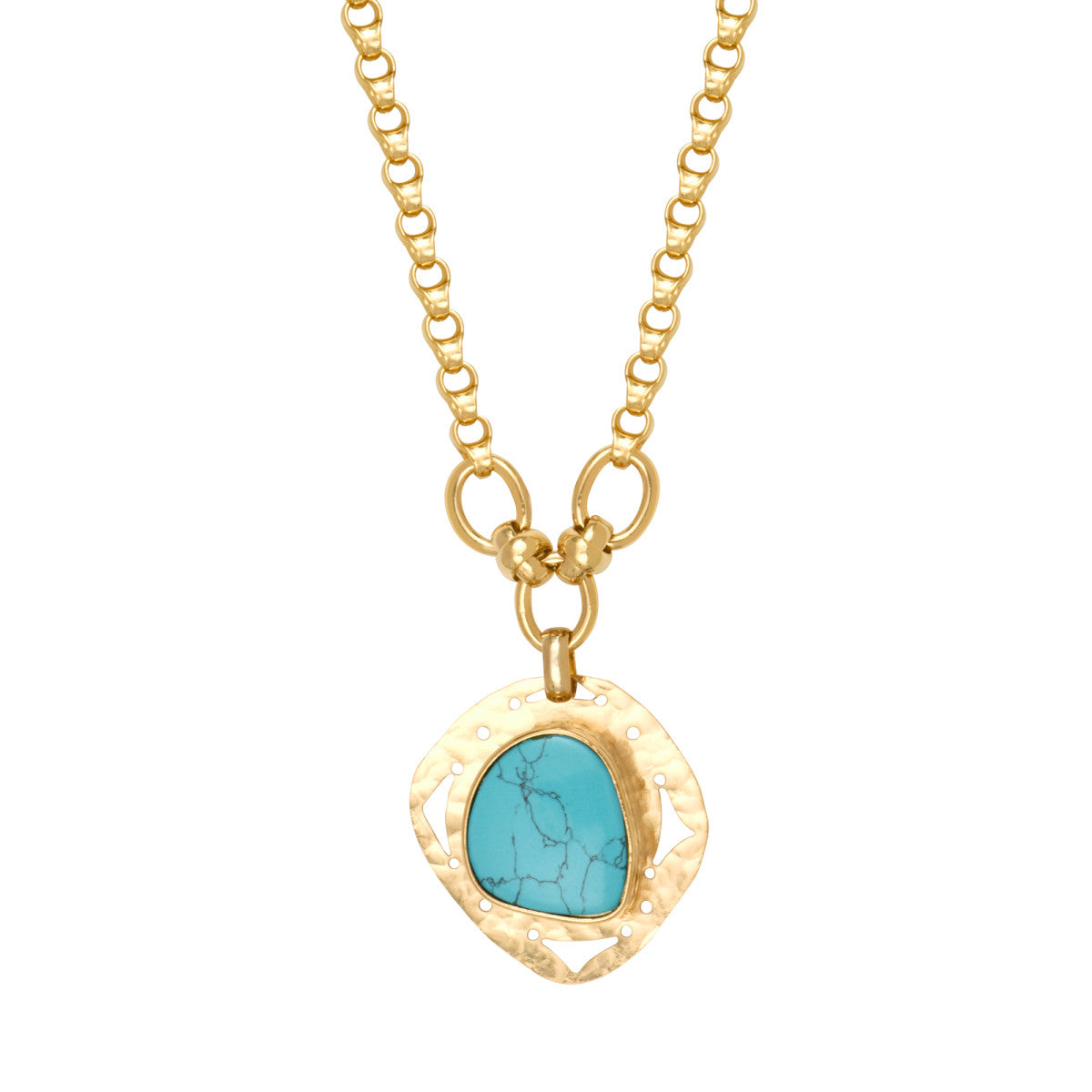 Collier réglable Noto en métal doré martelé et cabochon turquoise - bleu Turquoise