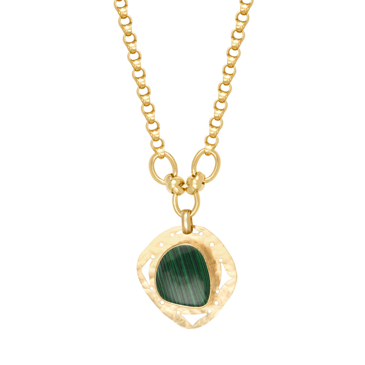 Collier réglable Noto en métal doré martelé et cabochon malachite - vert Vert