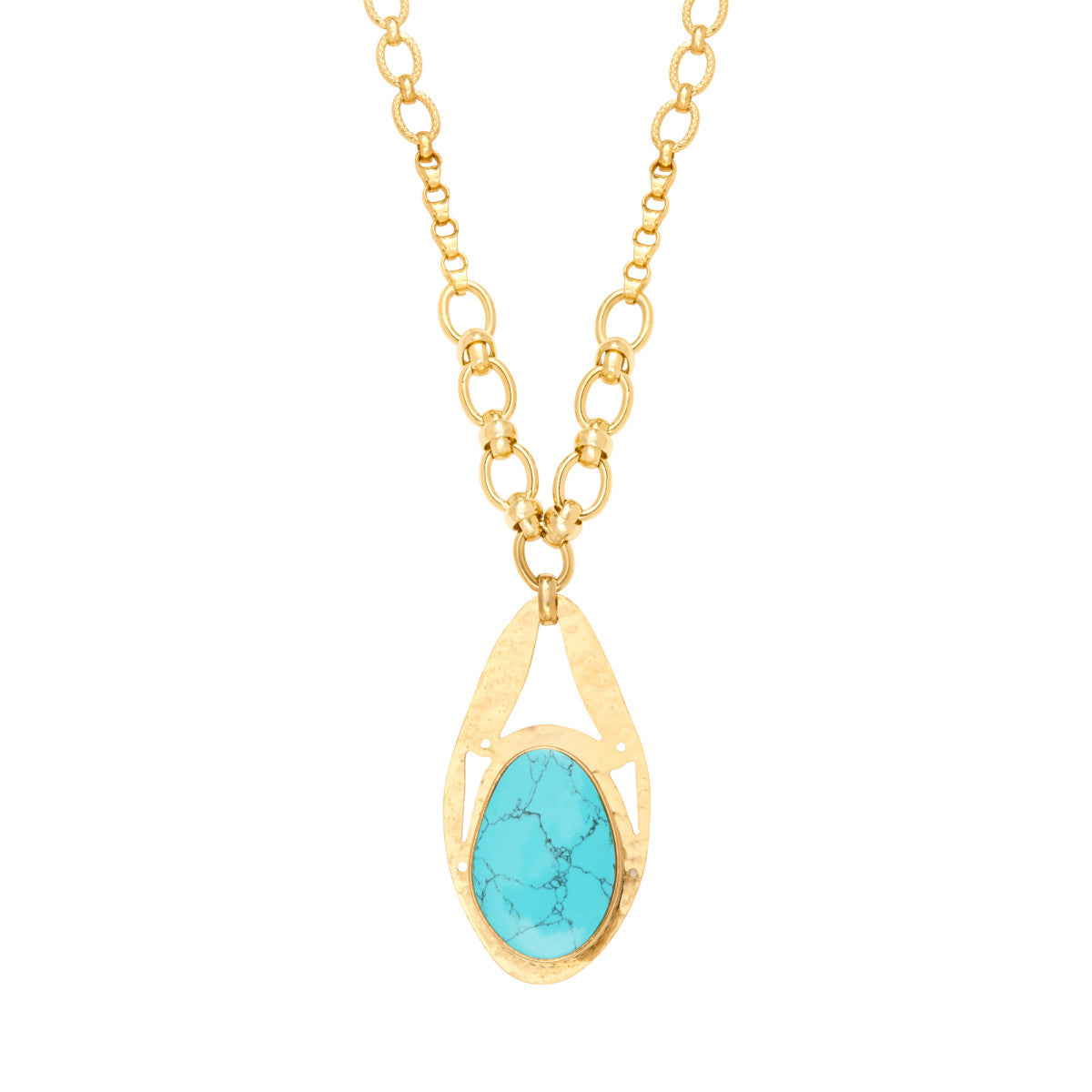 Collier réglable Noto en métal doré ciselé et cabochon turquoise - bleu Turquoise