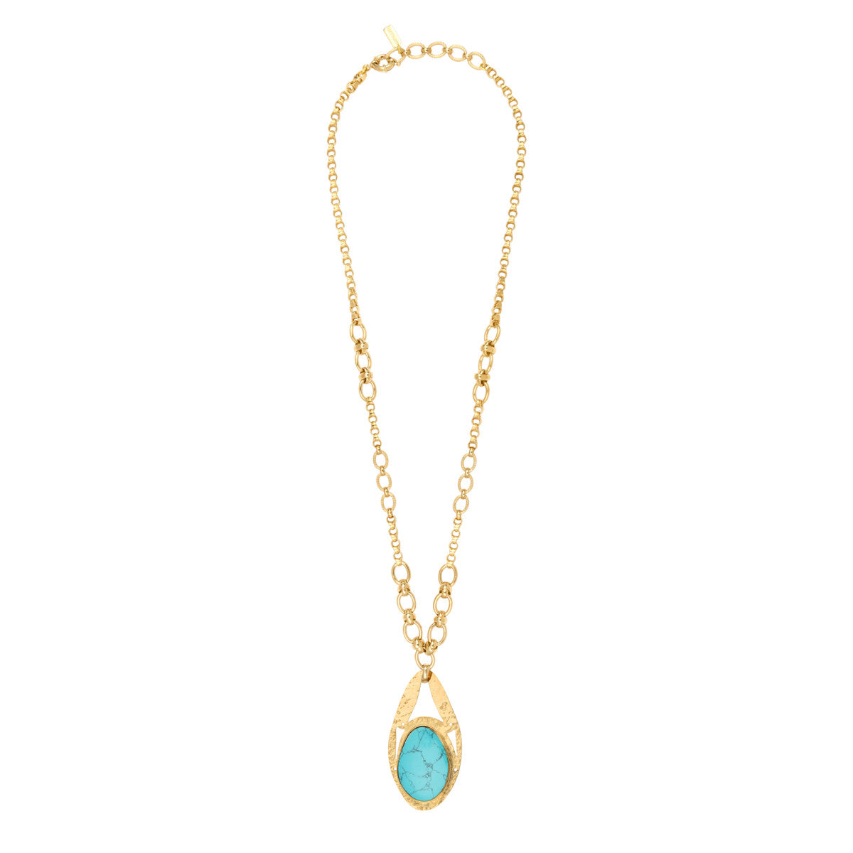 Collier réglable Noto en métal doré ciselé et cabochon turquoise - bleu Turquoise
