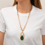 Collier réglable Noto en métal doré ciselé et cabochon malachite - vert Vert