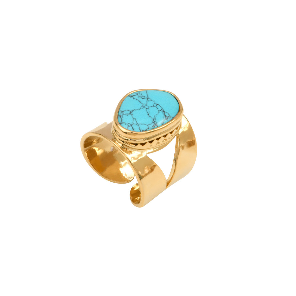 Bague large Noto taille M en métal doré ciselé cabochon turquoise - bleu Turquoise