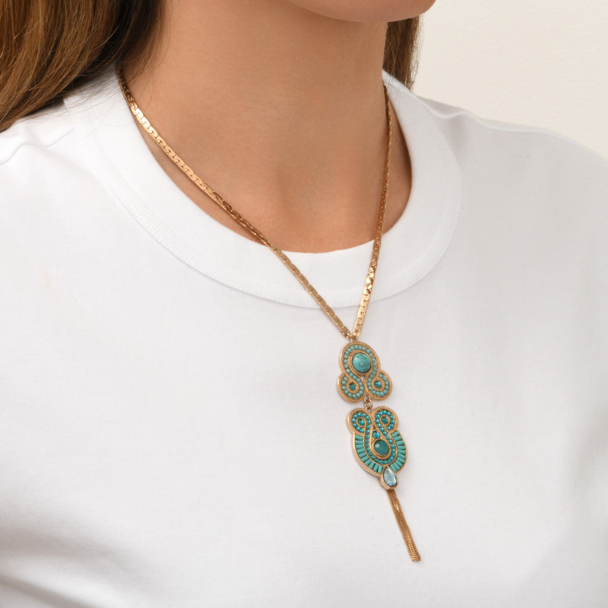 Collier pendentif Circus cabochons pâte de verre et cristaux - turquoise Turquoise