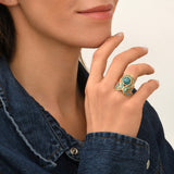 Bague ajustable Circus taille M cabochon pâte de verre et cristaux - turquoise Turquoise