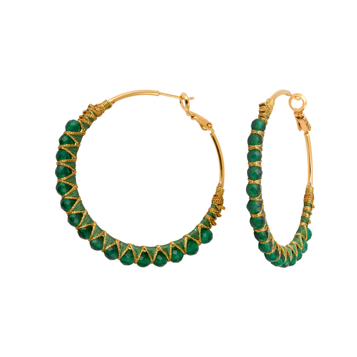 Boucles d'oreilles créoles Panarea tissées d'agate verte - vert Agate verte