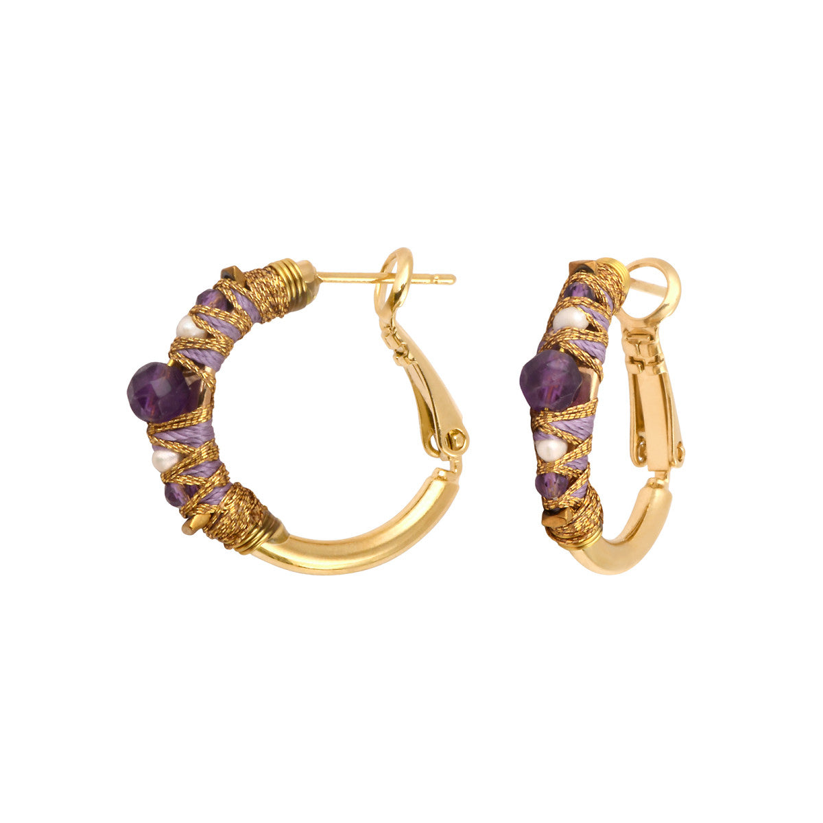 Petites boucles d'oreilles créoles Salina perles et pierres de couleur - violet Amethyste
