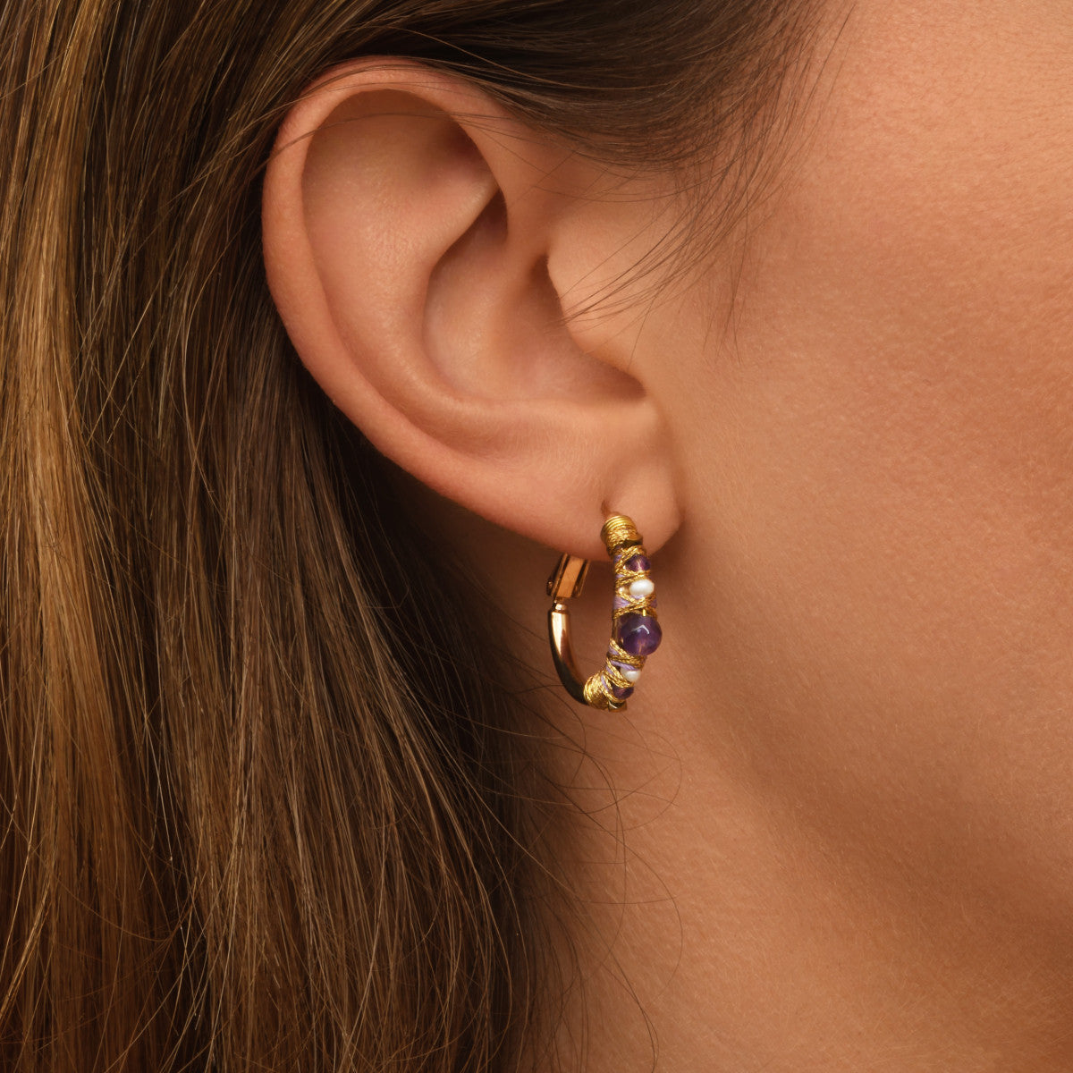 Petites boucles d'oreilles créoles Salina perles et pierres de couleur - violet Amethyste