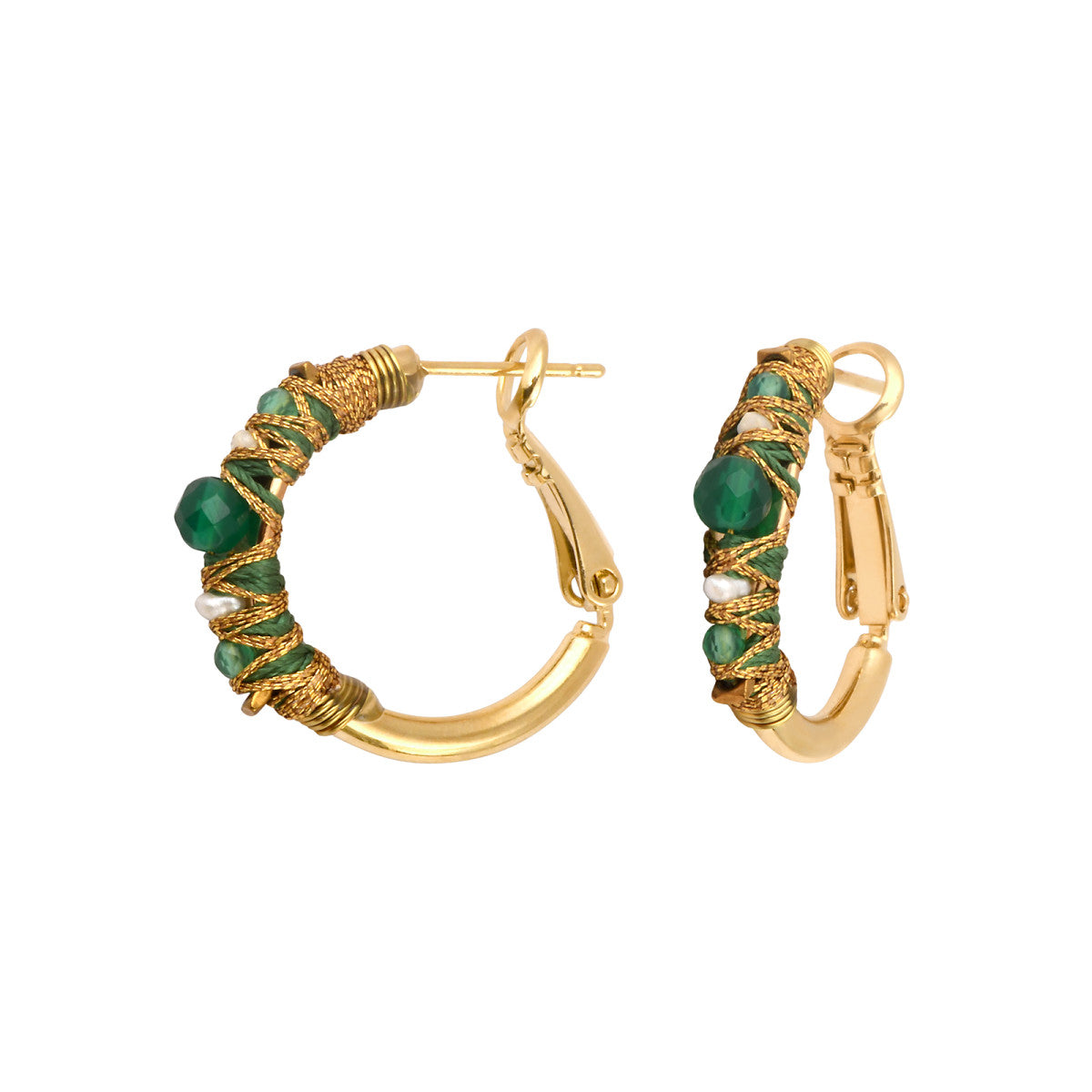 Petites boucles d'oreilles créoles Salina perles et pierres de couleur - vert Agate verte