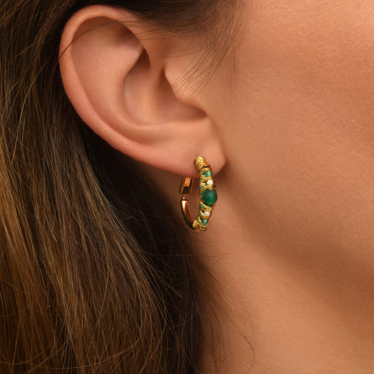 Petites boucles d'oreilles créoles Salina perles et pierres de couleur - vert Agate verte