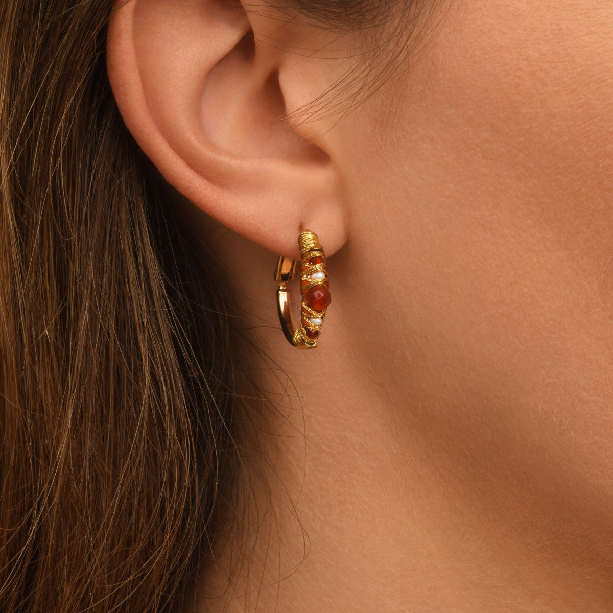 Petites boucles d'oreilles créoles Salina perles et pierres de couleur - orange Cornaline