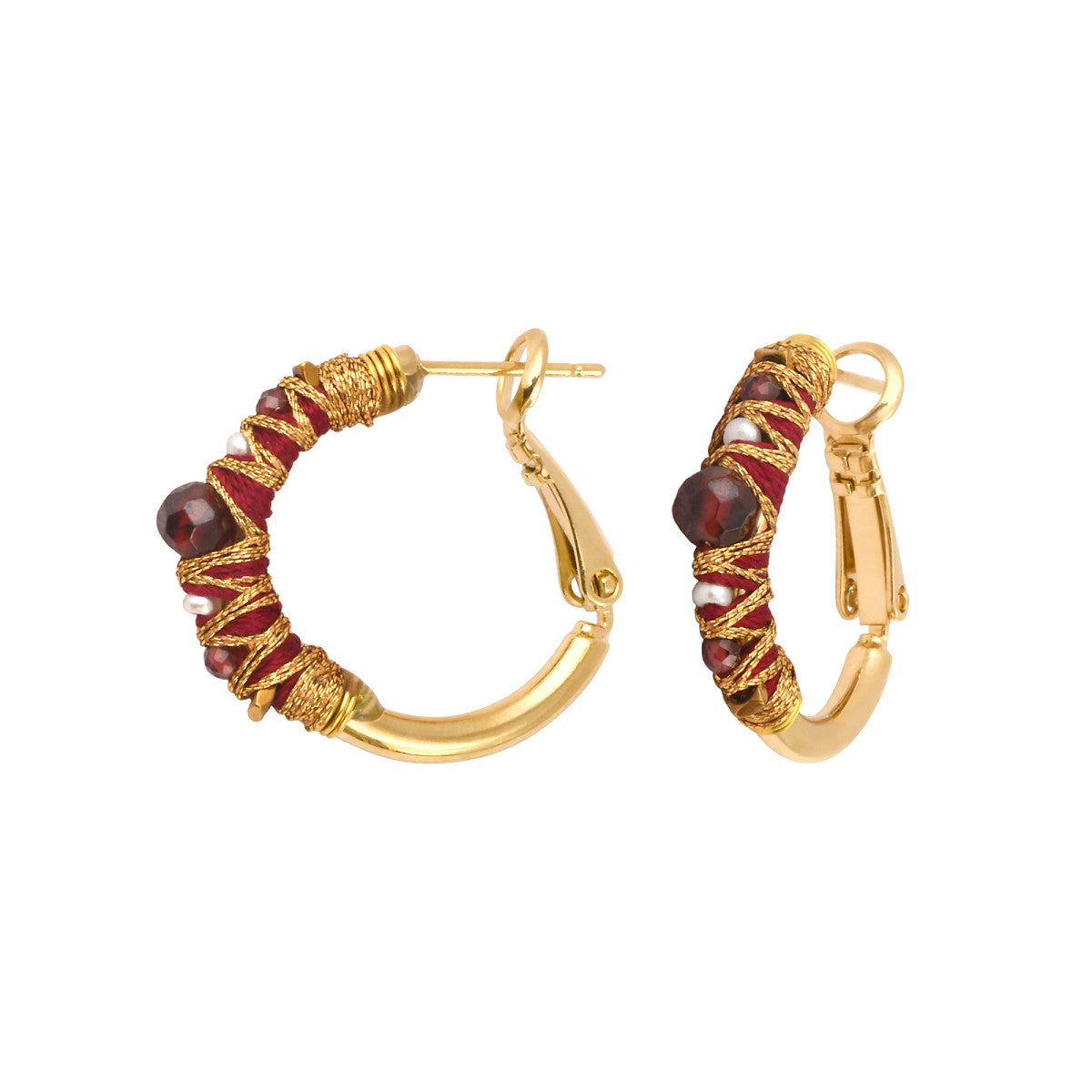 Petites boucles d'oreilles créoles Salina perles et pierres de couleur - rouge Grenat