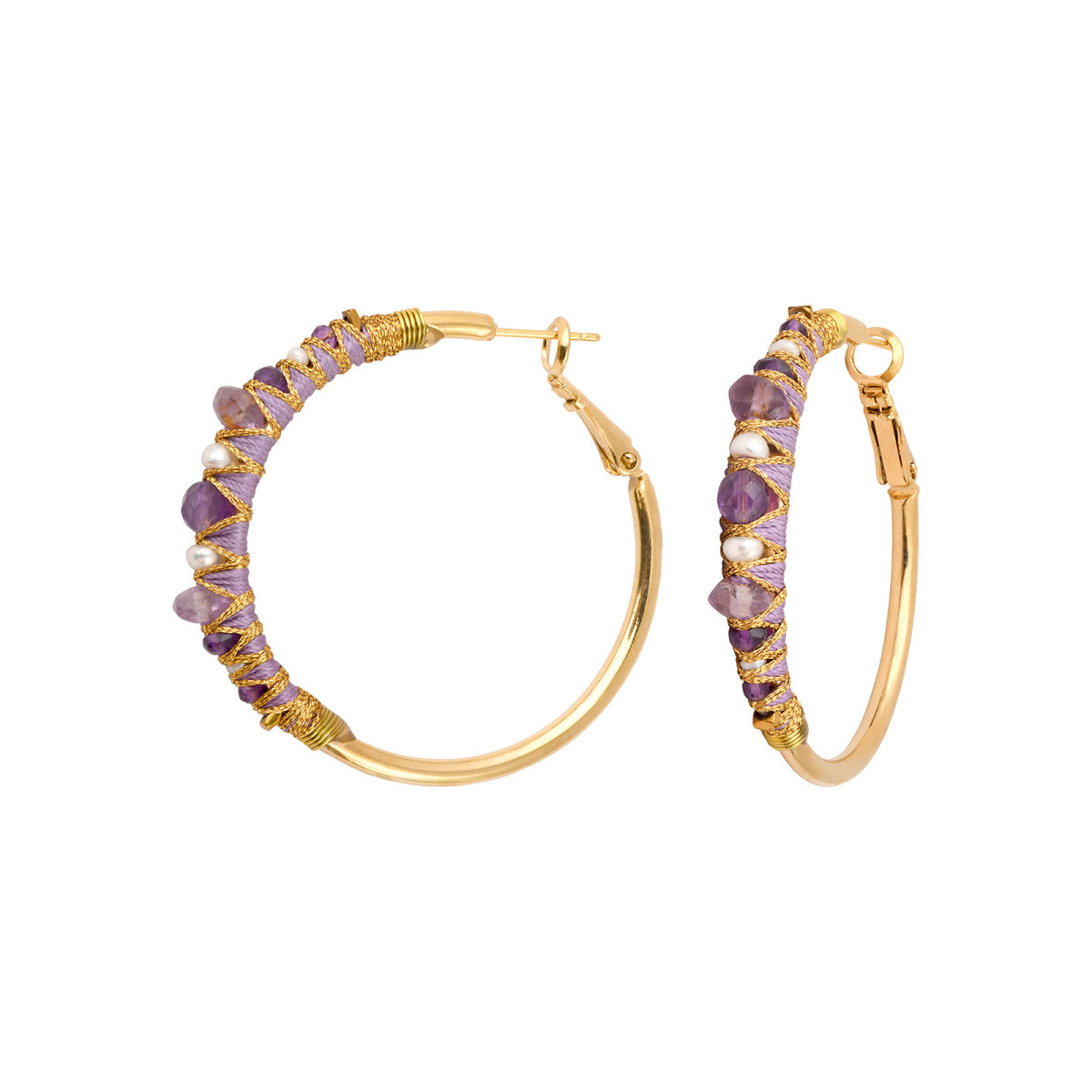 Boucles d'oreilles créoles Salina perles et pierres de couleur - violet Amethyste