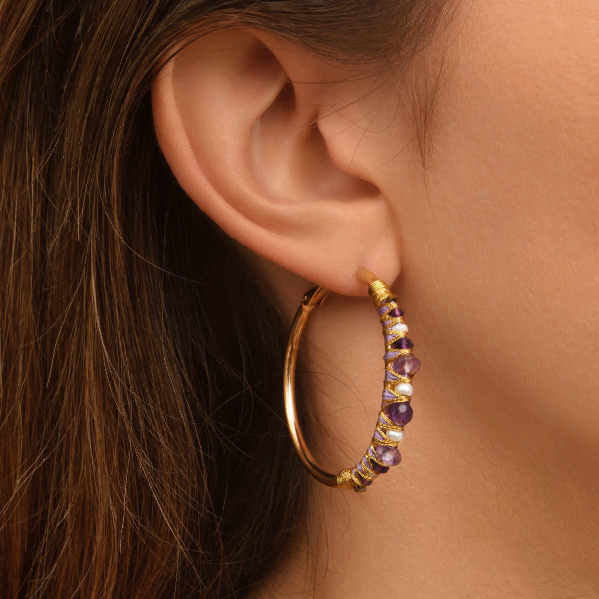 Boucles d'oreilles créoles Salina perles et pierres de couleur - violet Amethyste