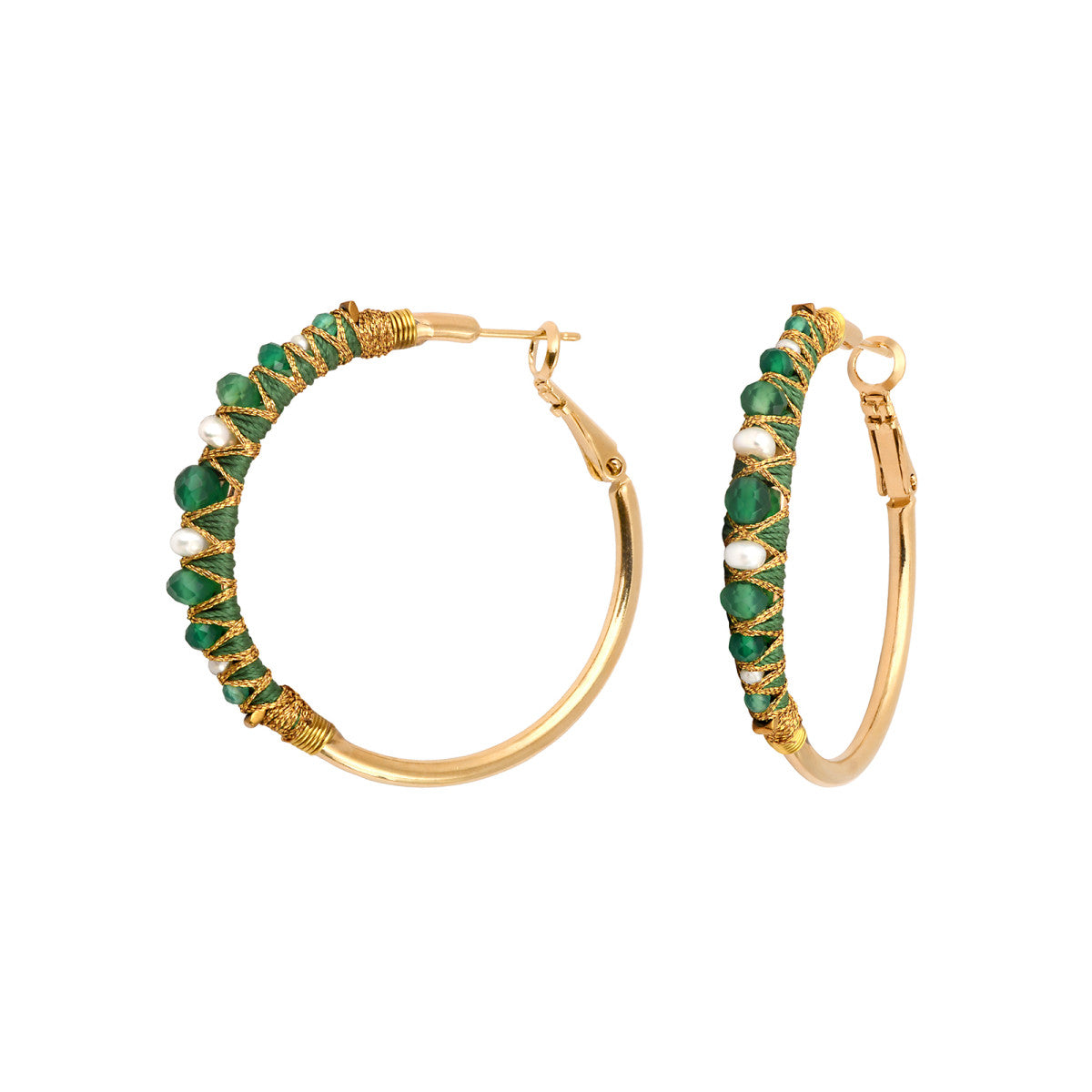 Boucles d'oreilles créoles Salina perles et pierres de couleur - vert Agate verte