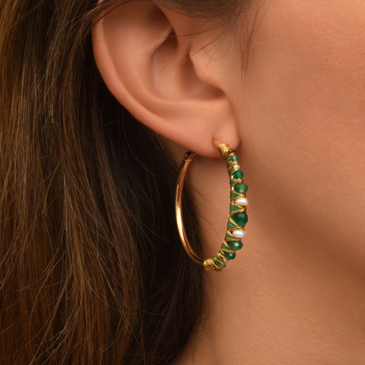 Boucles d'oreilles créoles Salina perles et pierres de couleur - vert Agate verte