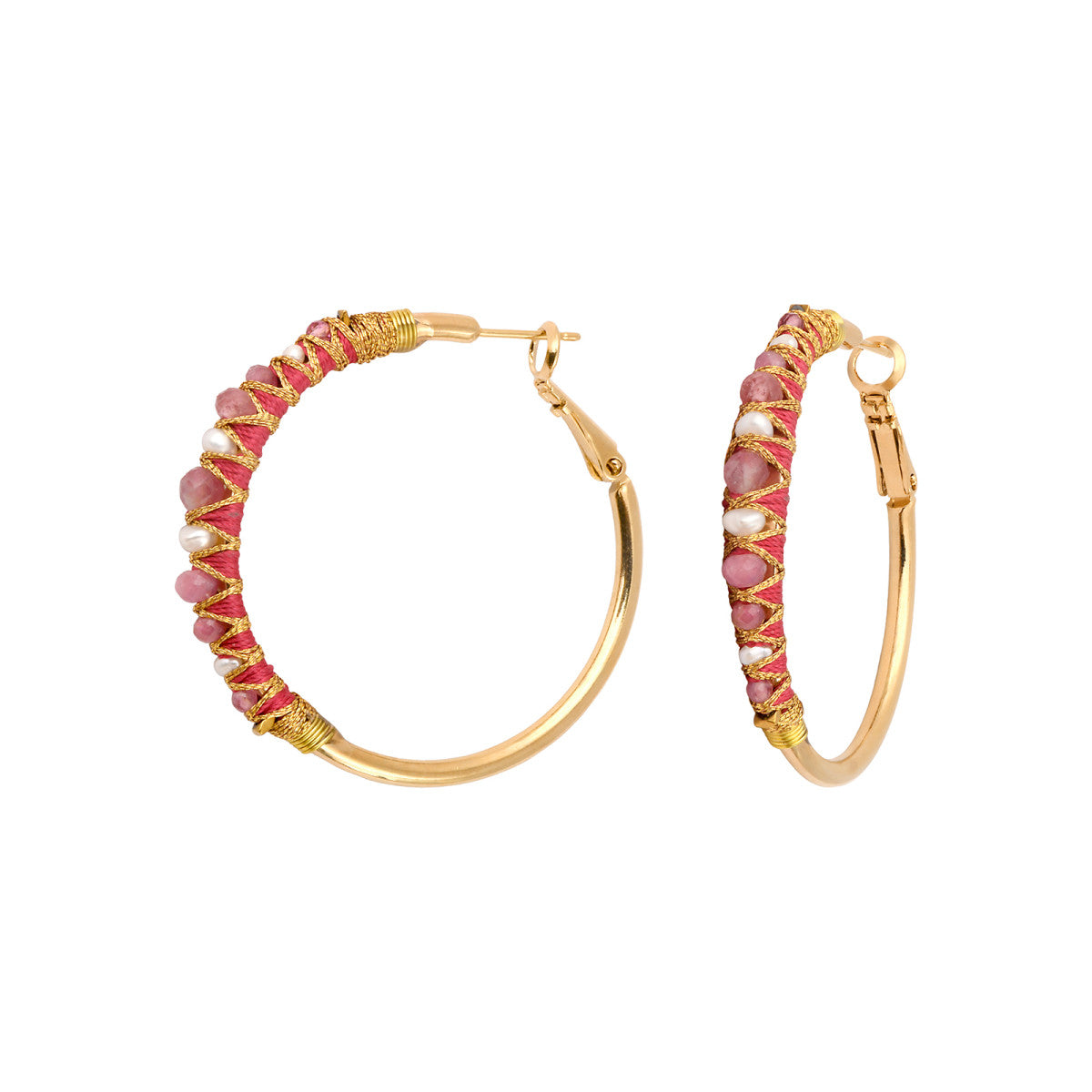 Boucles d'oreilles créoles Salina perles et pierres de couleur - rose Pink tourmaline