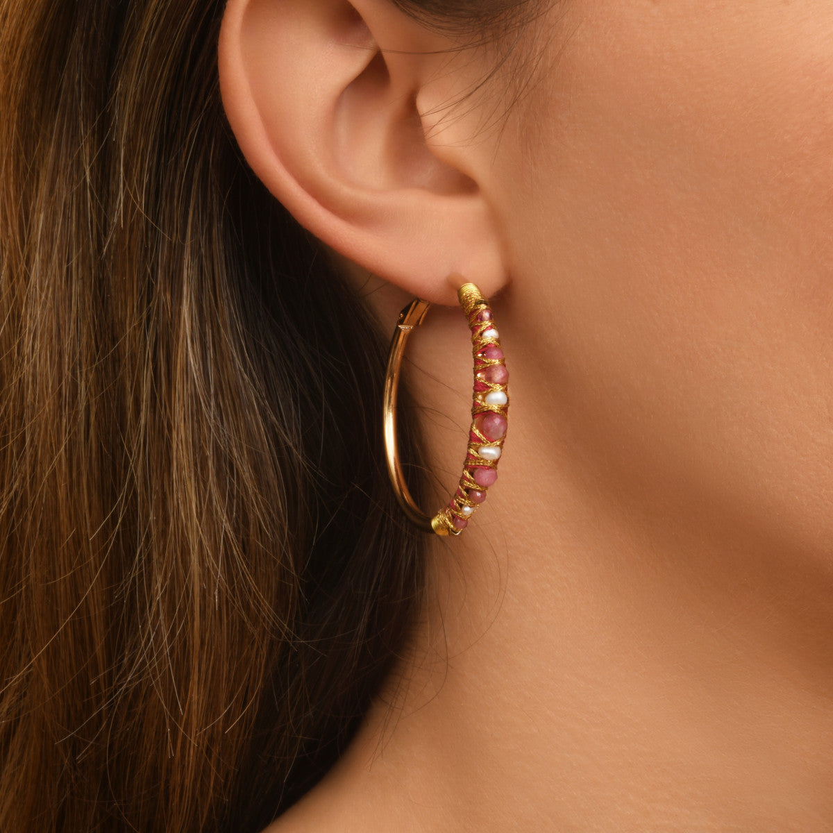 Boucles d'oreilles créoles Salina perles et pierres de couleur - rose Pink tourmaline