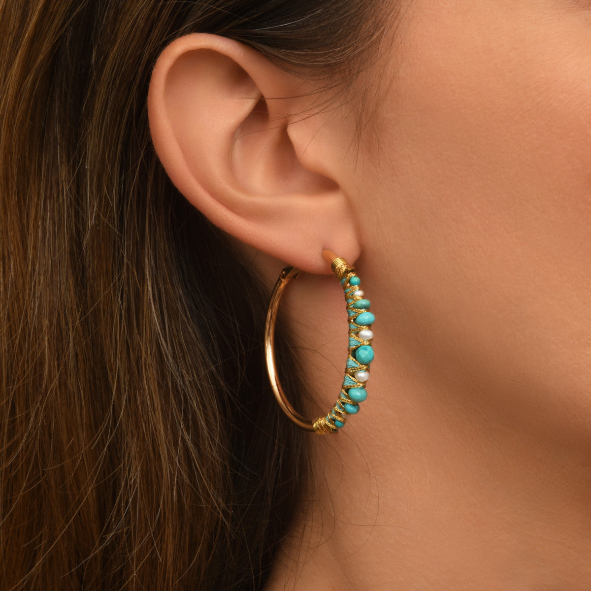 Boucles d'oreilles créoles Salina perles et pierres de couleur - bleu Turquoise