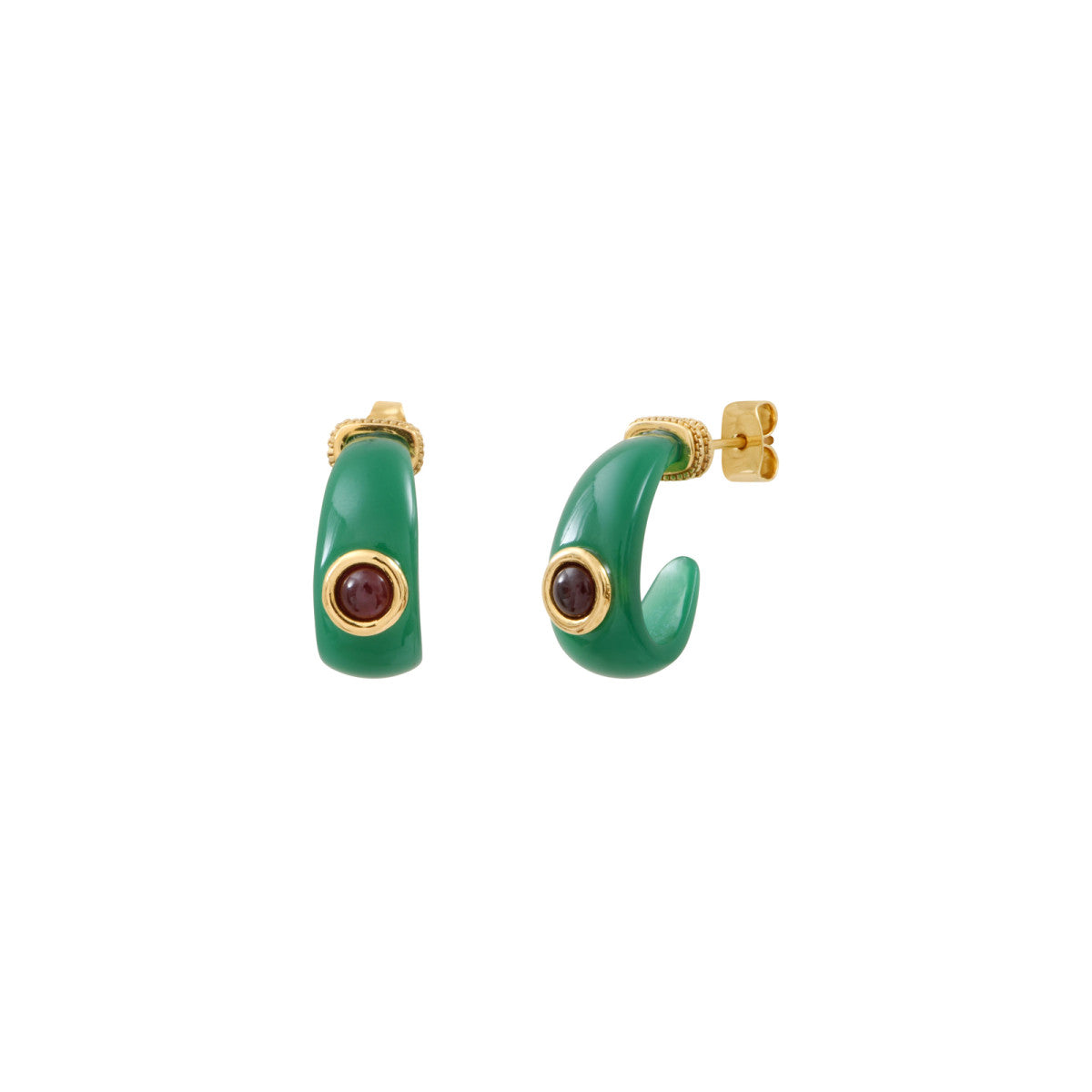 Mini boucles d'oreilles créoles tiges percées Masseria en résine et grenat - vert Emeraude