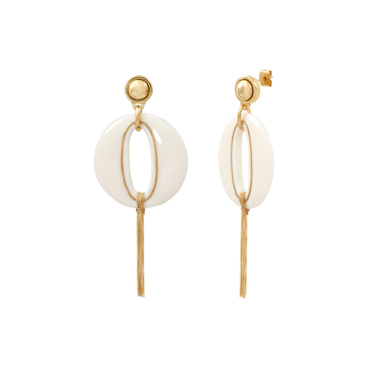 Boucles d'oreilles tiges percées longues Masseria en résine pompon doré - blanc Blanc