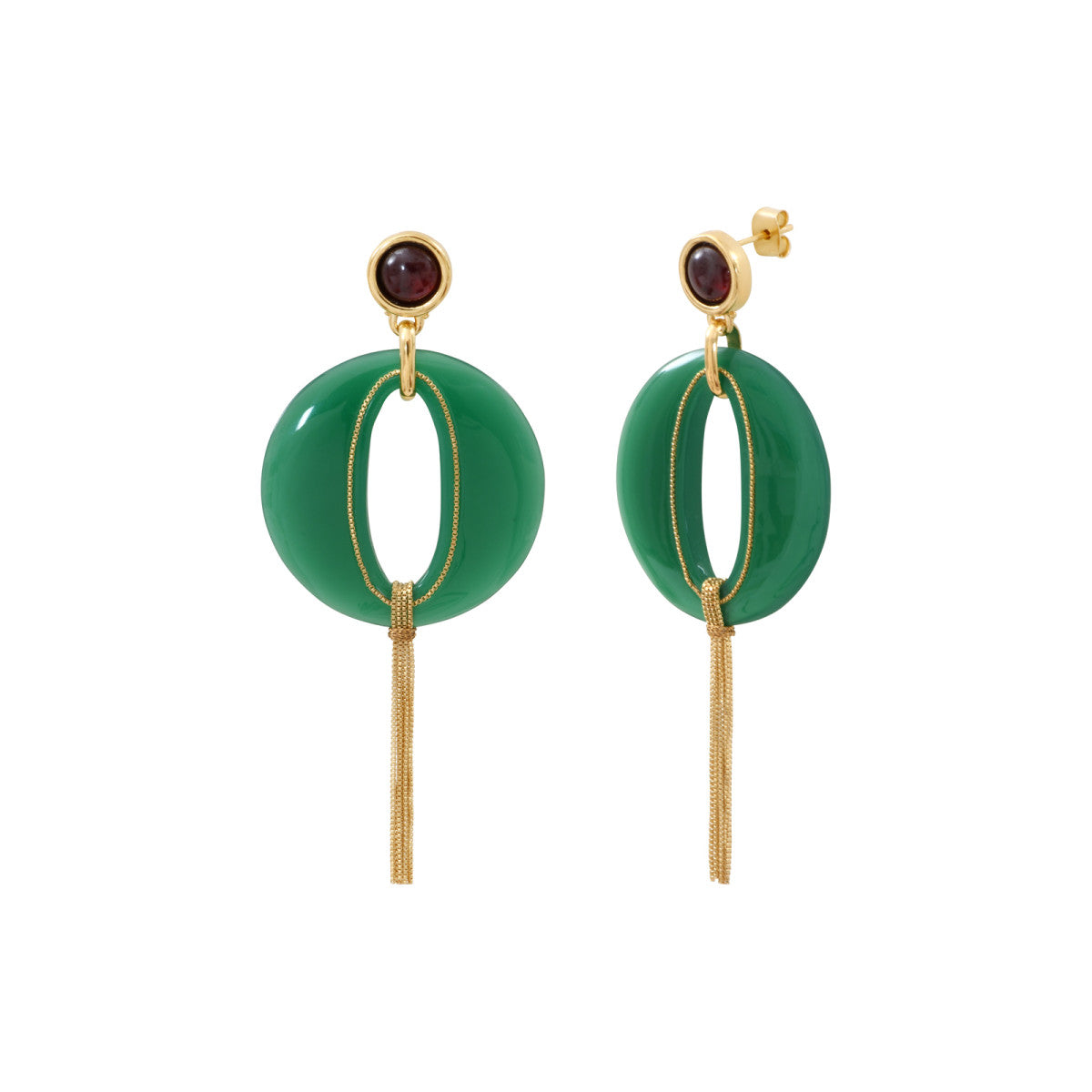 Boucles d'oreilles tiges percées longues Masseria en résine pompon doré - vert Emeraude