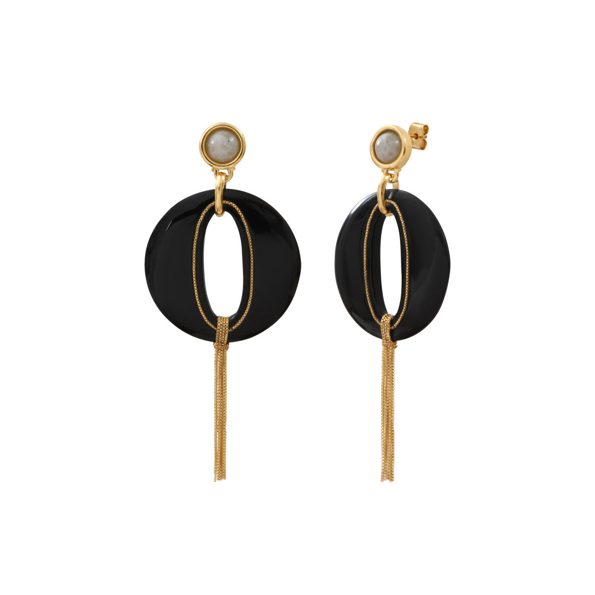 Boucles d'oreilles tiges percées longues Masseria en résine pompon doré - noir Noir