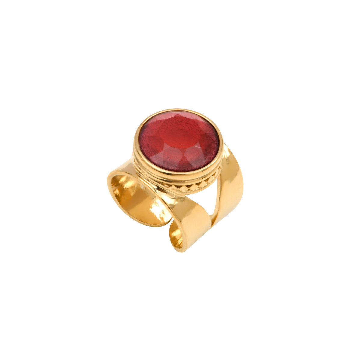 Bague large Noto taille M en métal doré ciselé cabochon rond - rouge Vert