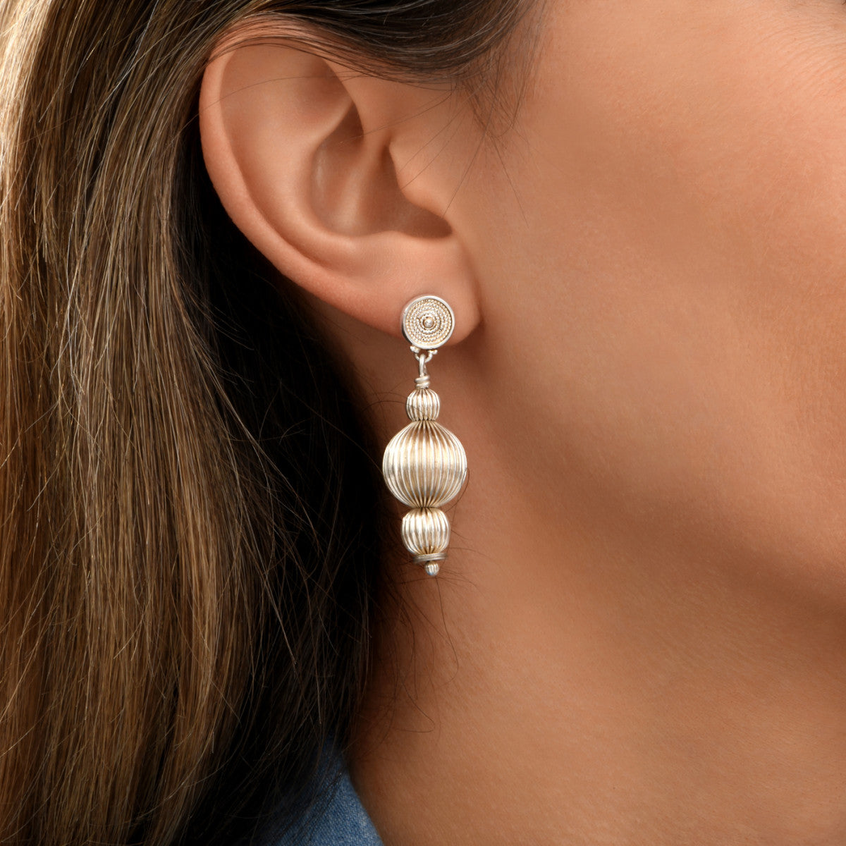 Boucles d'oreilles percées intemporelles perles godron - argent Argent