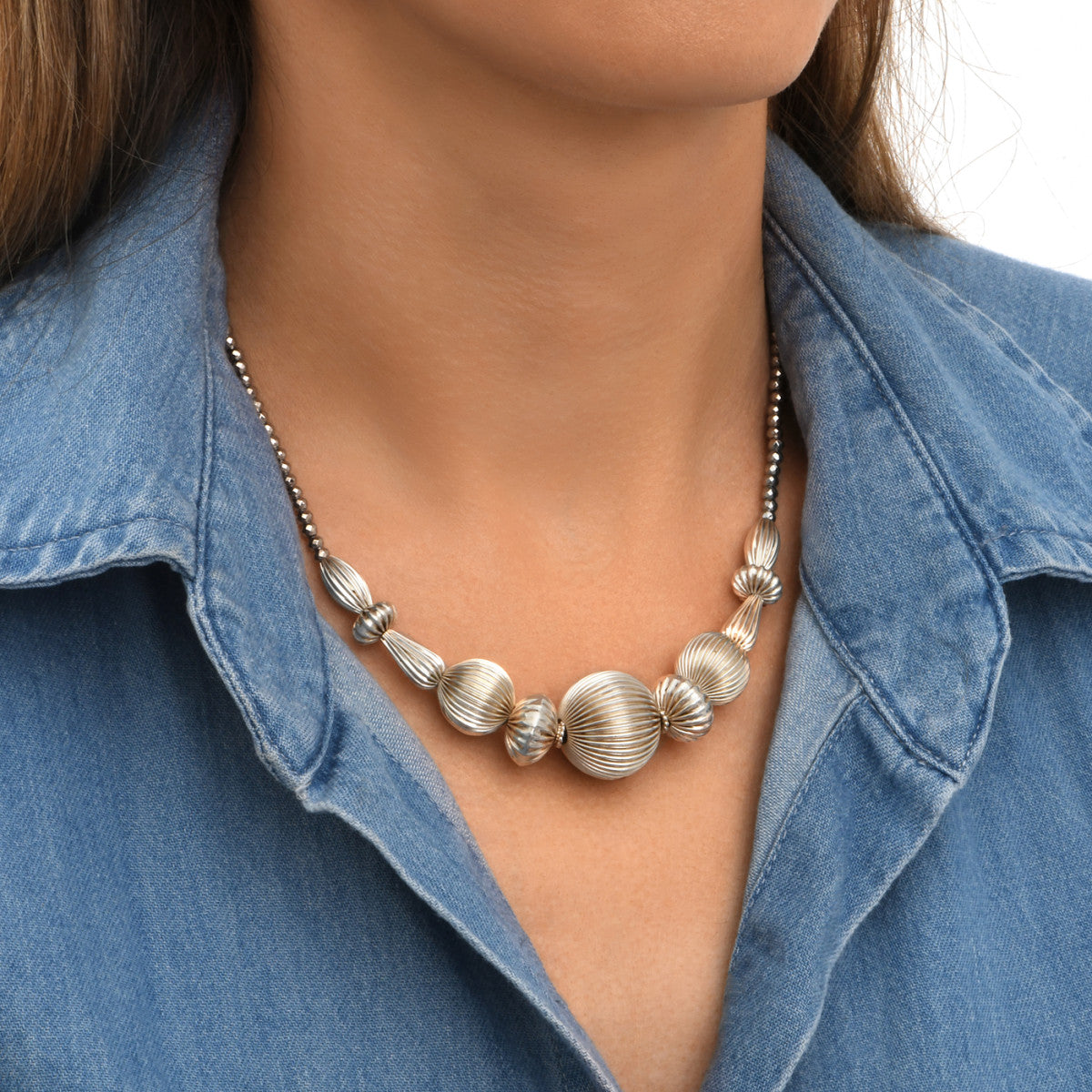 Collier court fantaisie femme perles godron - argenté Argent