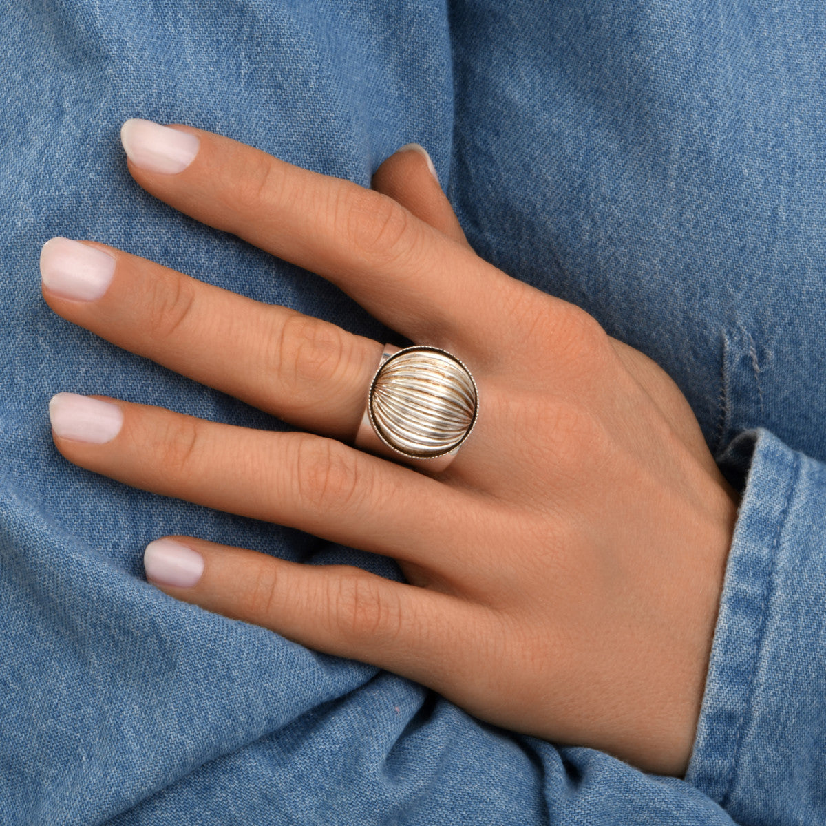 Bague large femme ajustable perle godron - argenté Argent