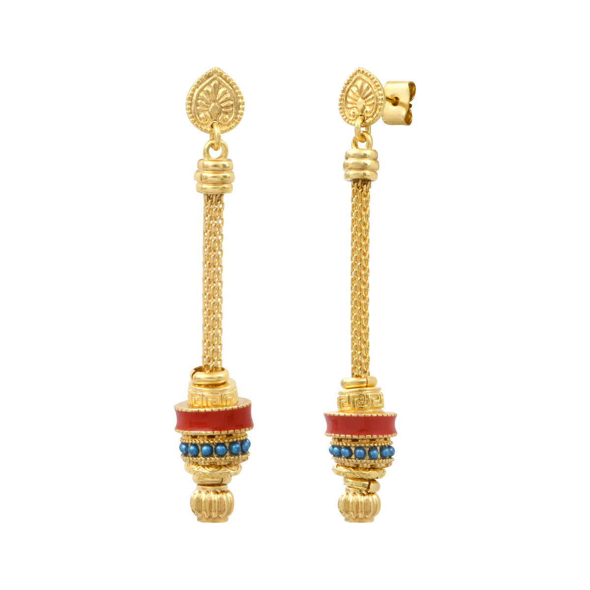 Boucles d'oreilles longues tiges percées Alicudi en métal doré - bleu Turquoise corail