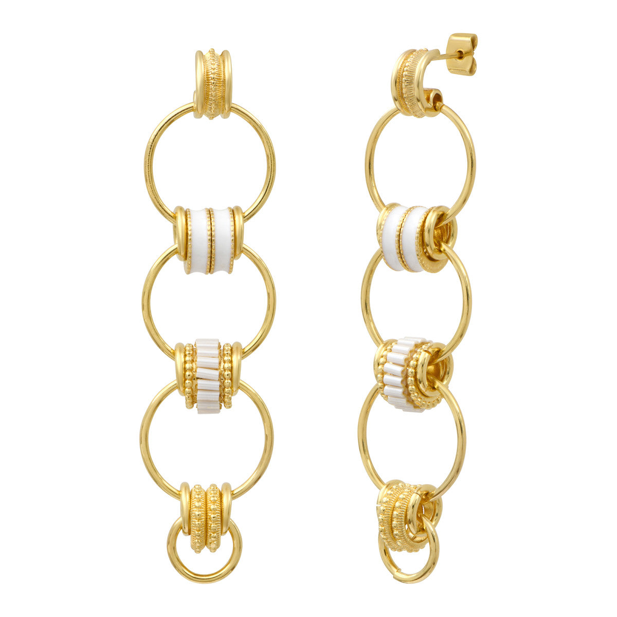 Boucles d'oreilles longues à tiges percées Alicudi anneaux en métal doré émaillé- blanc Blanc