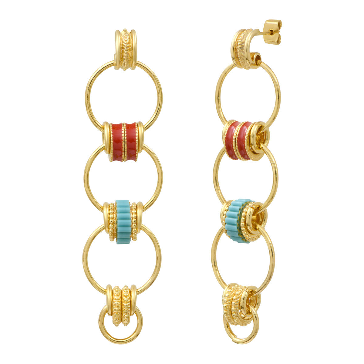 Boucles d'oreilles longues à tiges percées Alicudi anneaux en métal doré émaillé- bleu Turquoise corail