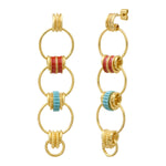 Boucles d'oreilles longues à tiges percées Alicudi anneaux en métal doré émaillé- bleu Turquoise corail