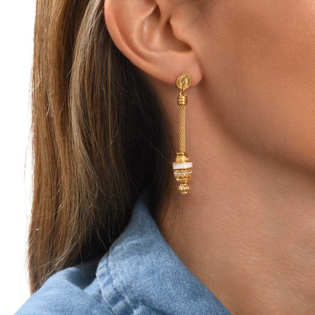 Boucles d'oreilles longues tiges percées Alicudi en métal doré - blanc Blanc