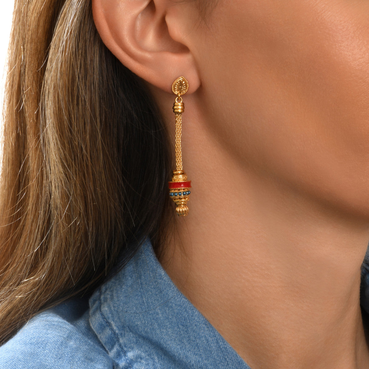 Boucles d'oreilles longues tiges percées Alicudi en métal doré - bleu Turquoise corail