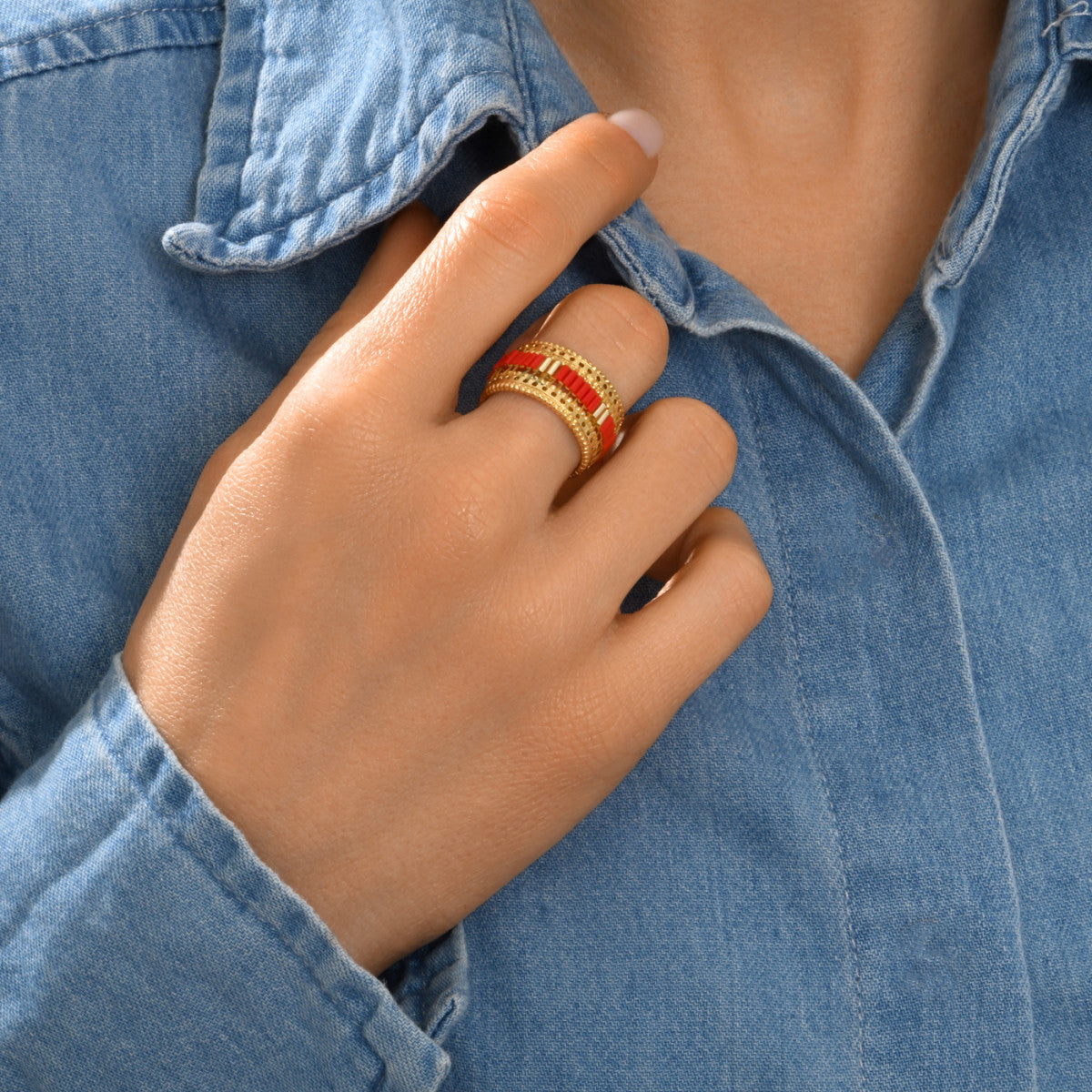 Bague ajustable Alicudi en métal doré à l'or fin et perles du Japon taille M - rouge Rouge
